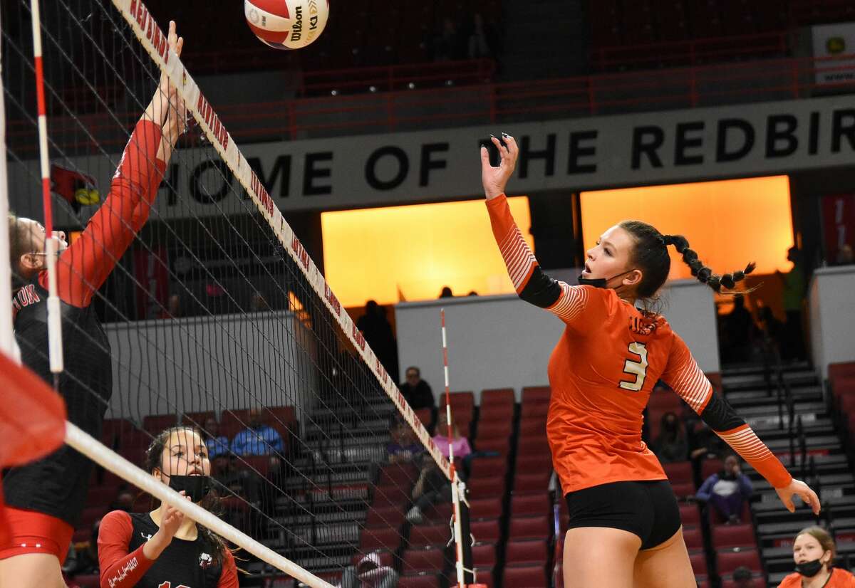 Edwardsville's Ava Waltenberger tips a shot over the net during the third-place match of the Class 4A state tournament.