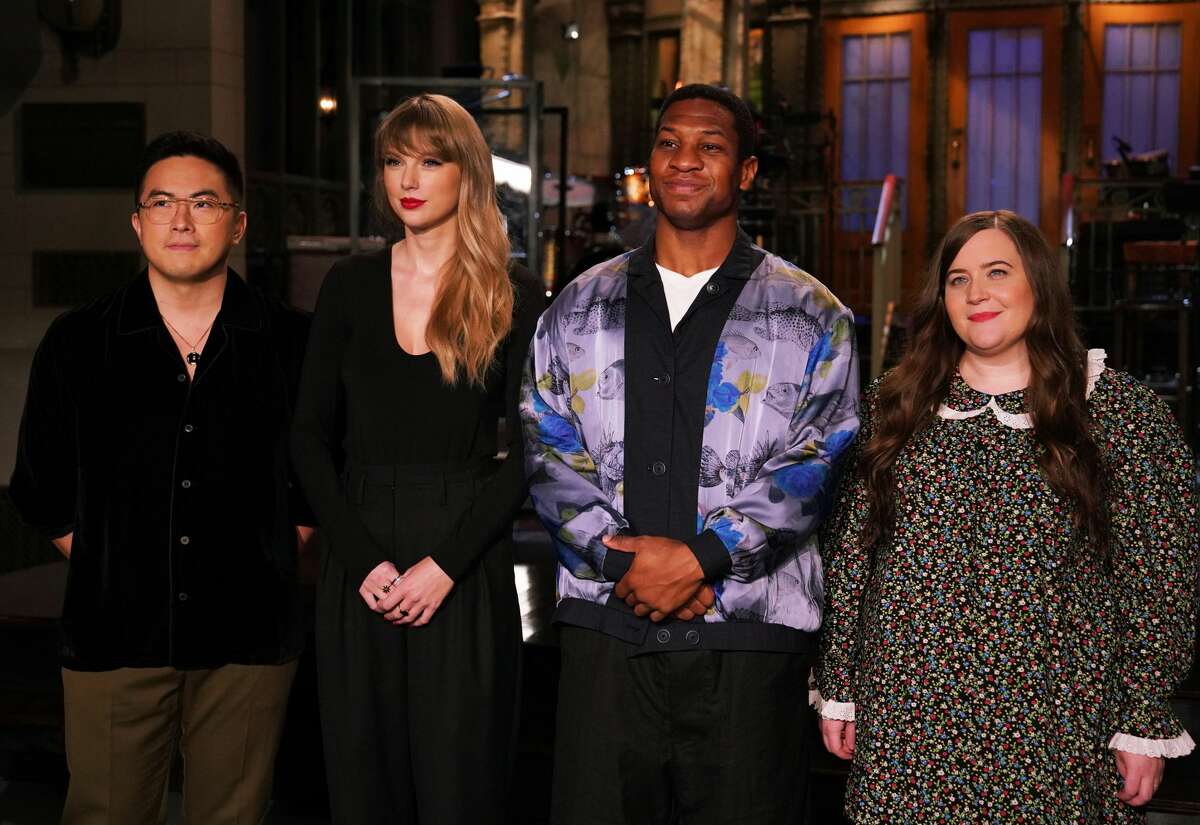 Pictured: (l-r) Bowen Yang, musical guest Taylor Swift, host Jonathan Majors, and Aidy Bryant during promos in Studio 8H on Thursday, November 11, 2021
