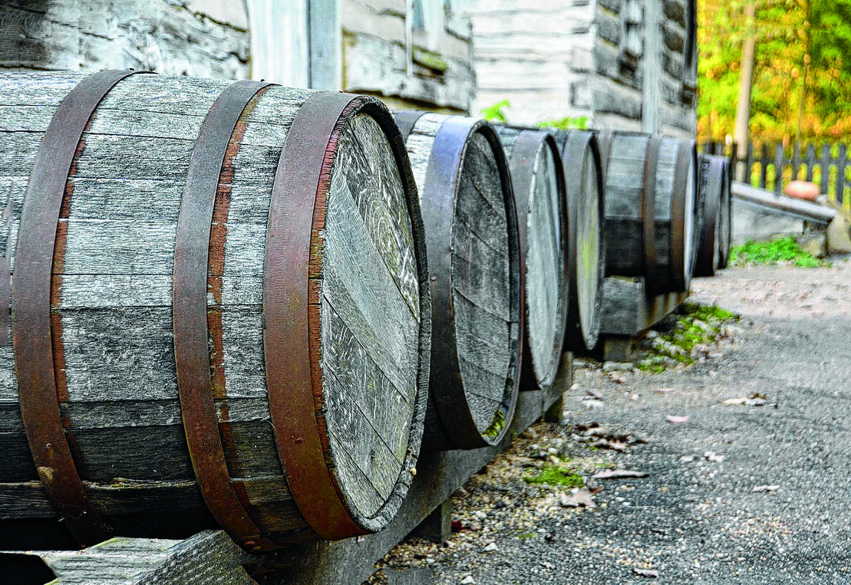 A stock of barrels lines a street at New Salem State Historic Site, a reconstruction of a Menard County village where Abraham Lincoln lived from 1831 to 1837.