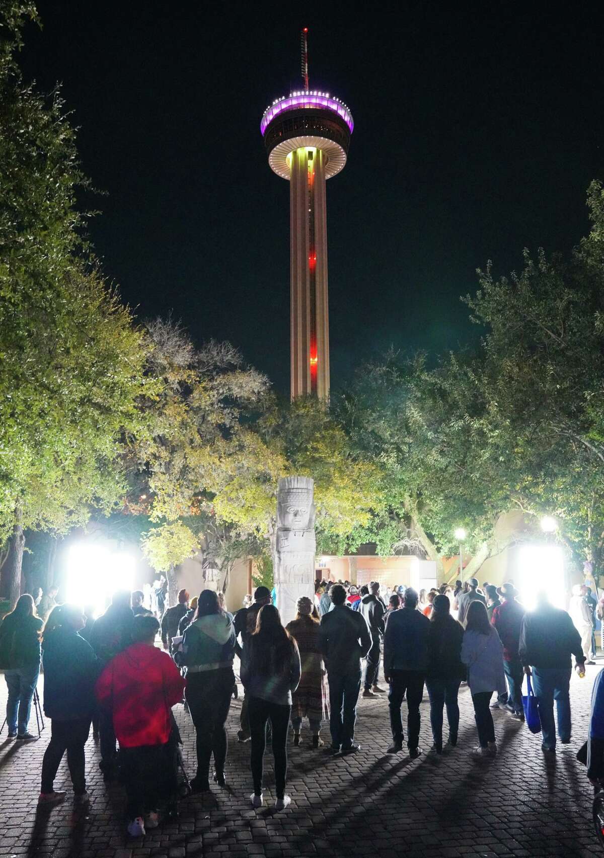 Modulating light towers fill part of Hemisfair Park during the annual Luminaria event on Saturday, November 13, 2021. The event was canceled in 2020 due to the COVID-19 eruption.