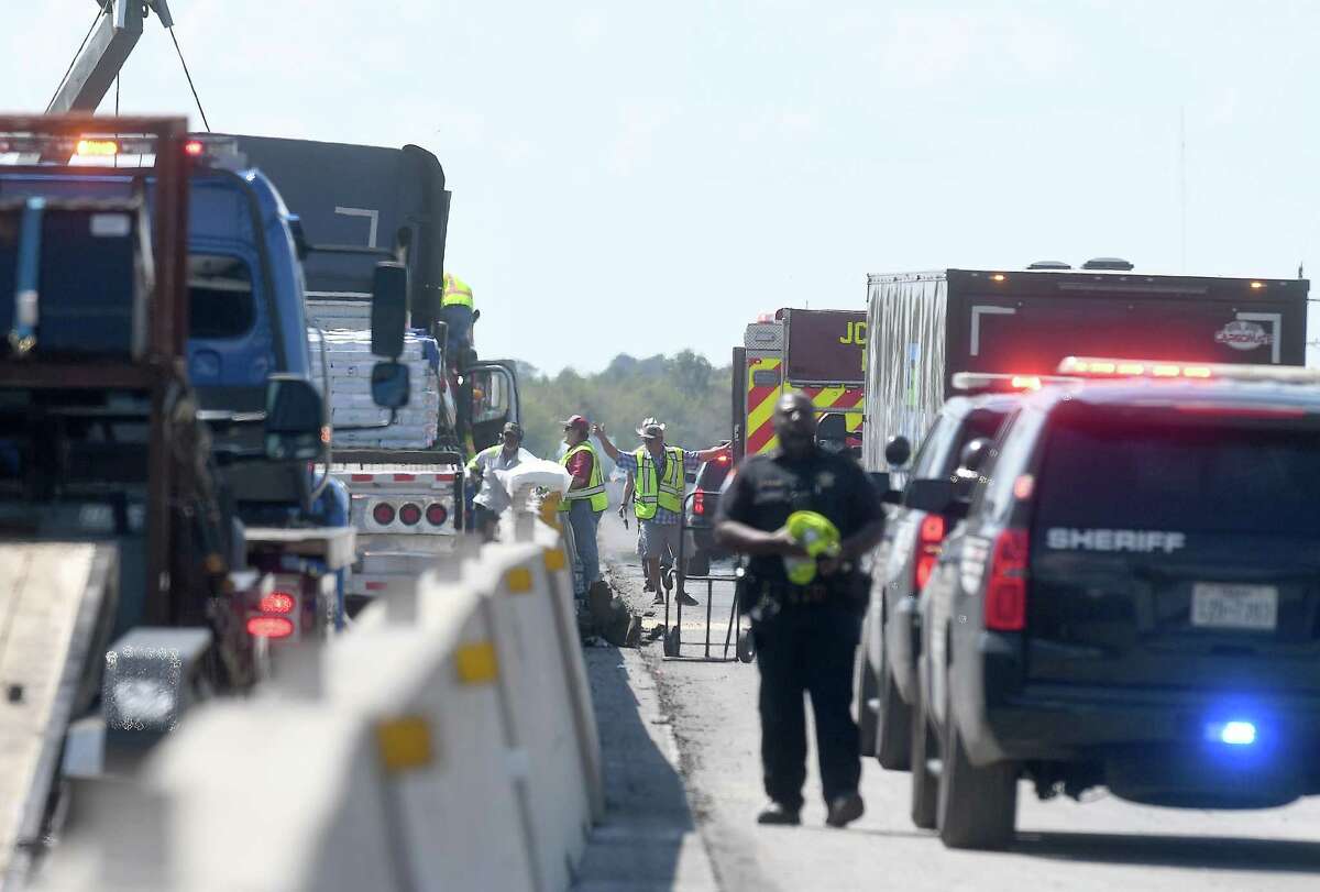 Interstate 10 westbound traffic was at a standstill Tuesday afternoon in the wake of a multi-vehicle accident west of Boyt Road. Photo made Tuesday, October 5, 2021 Kim Brent/The Enterprise