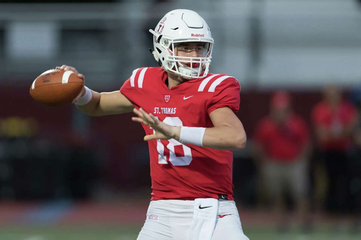 St. Thomas Eagles Quarterback, Maddox Kopp (18) attempts a pass in the first half against the Trinity Christian Tigers in a high school football game on Friday, September 27, 2019 at St. Thomas High School's Granger Stadium in Houston Texas.