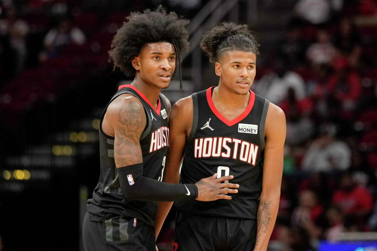 Jalen Green (right) has missed the Rockets' past five games while fellow guard Kevin Porter Jr. has been hobbled by a thigh injury that kept him out of Sunday's game.
