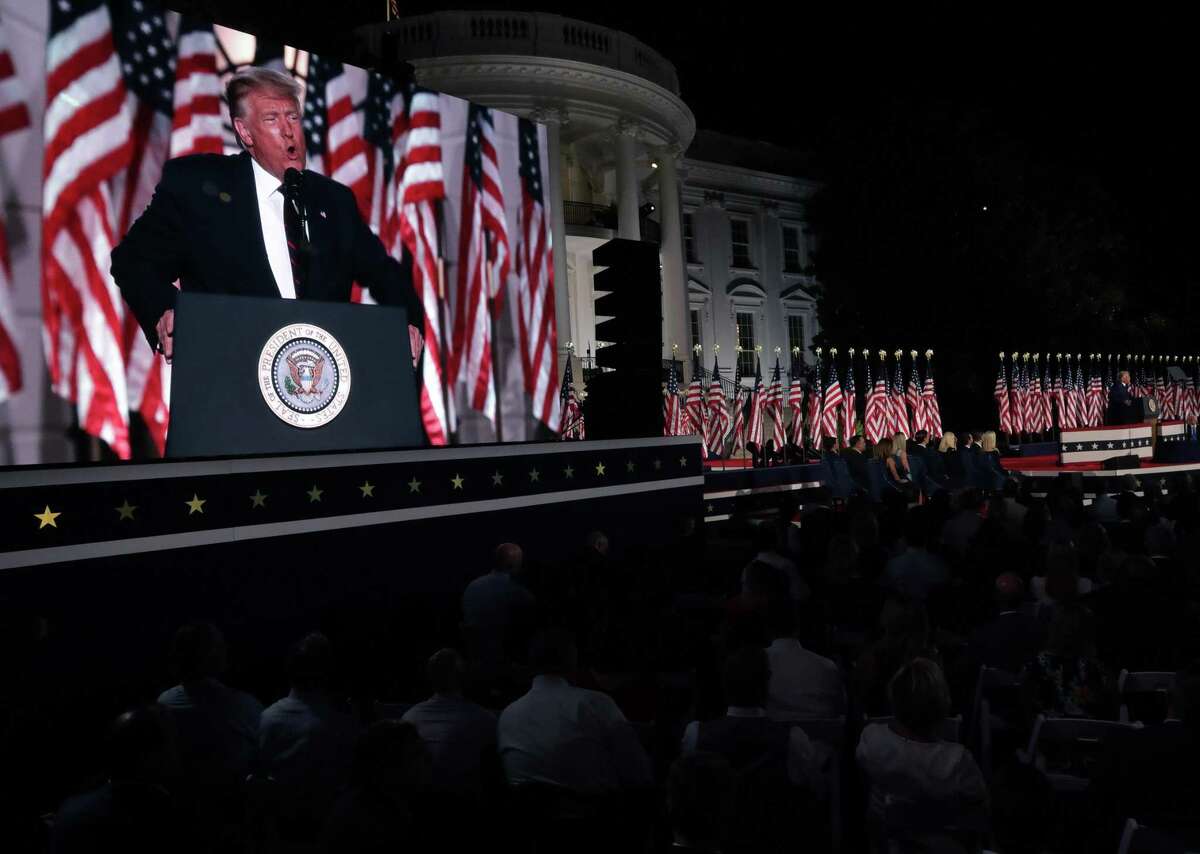 Donald Trump delivers his acceptance speech for the Republican presidential nomination on the South Lawn of the White House Aug. 27.
