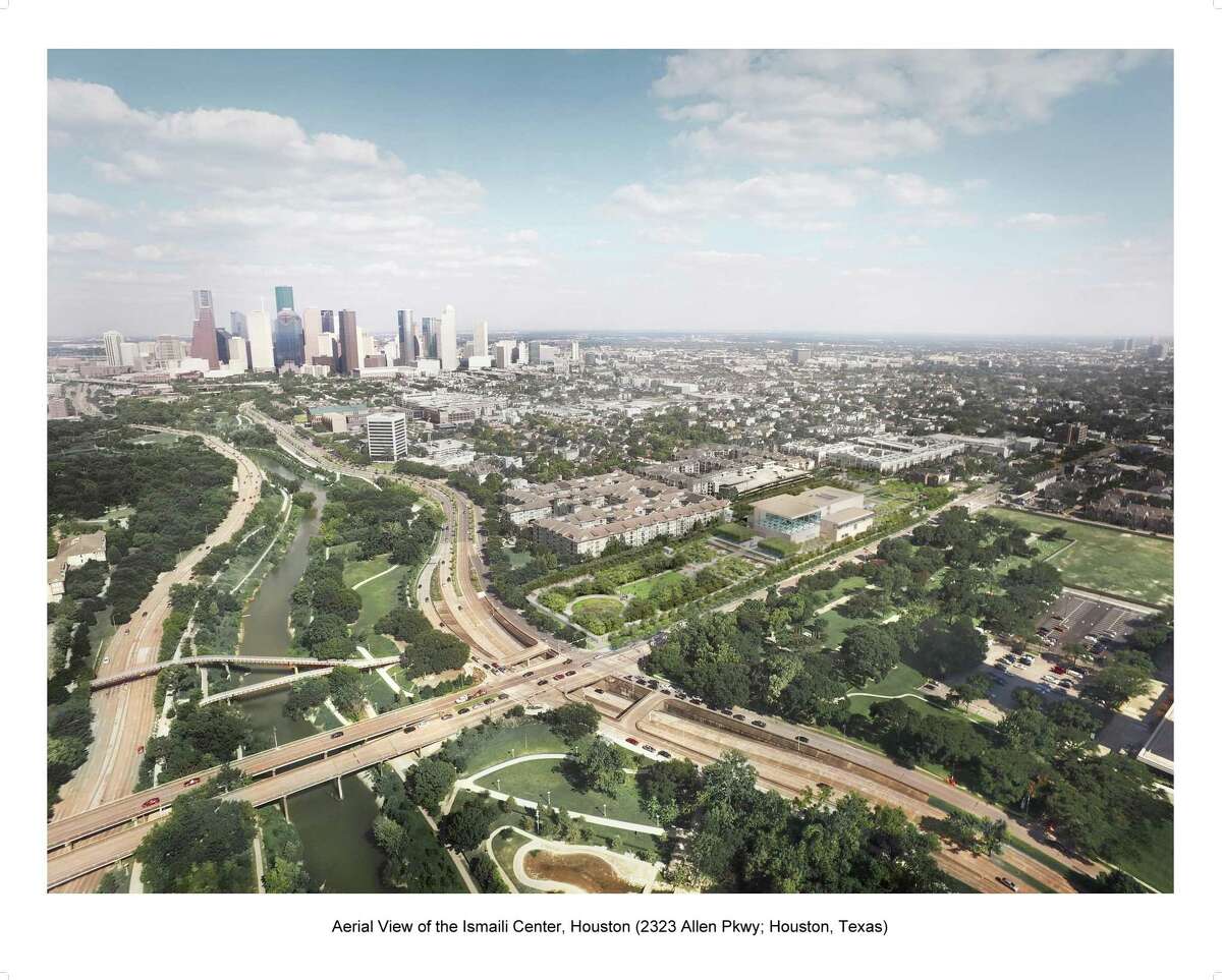 An artist rendering of an aerial view of the future Ismail Center Houston, as it will be seen from Montrose Boulevard off of Allen Parkway.