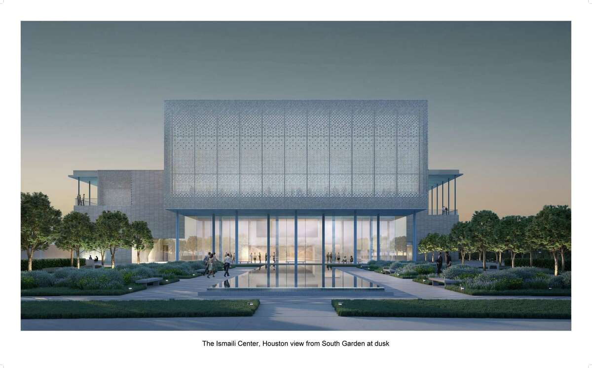 An artist rendering of the future Ismail Center Houston, shown from its South Garden at dusk.