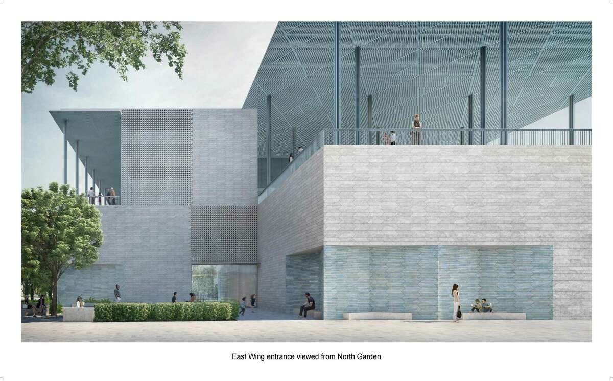 An artist rendering of the future Ismail Center Houston, a closeup of the building as it will be seen from the gardens on the Allen Parkway side of the building.