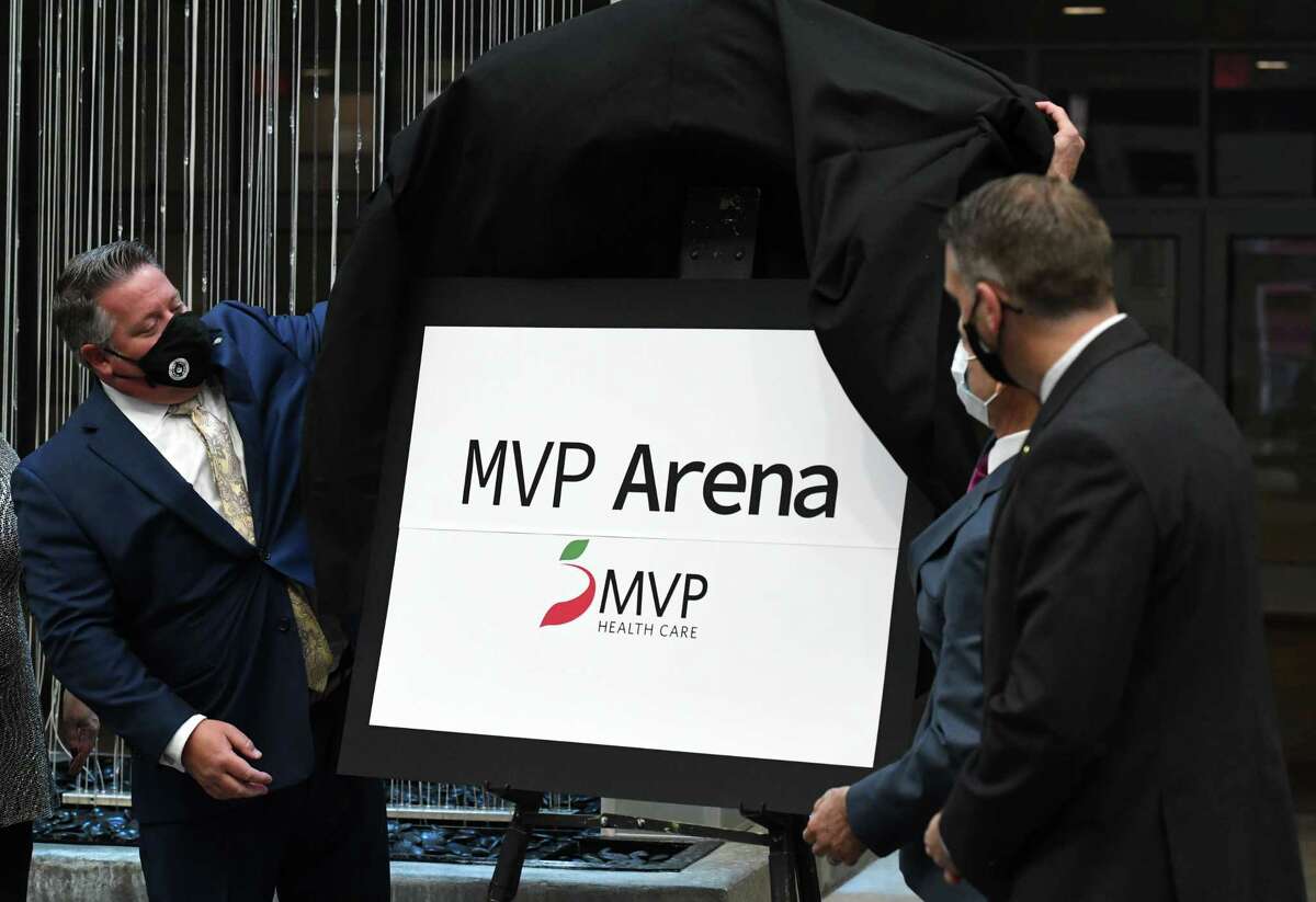 Albany County Executive Dan McCoy, left, announces that MVP Health Care has secured naming rights to the Times Union Center on Monday, Nov. 15, 2021, on S. Pearl St. in Albany, N.Y. MVP will pay a total of $2 million a year during the duration of the five-year contract with Albany County, who own the arena. Changes go into effect at the end of this year.