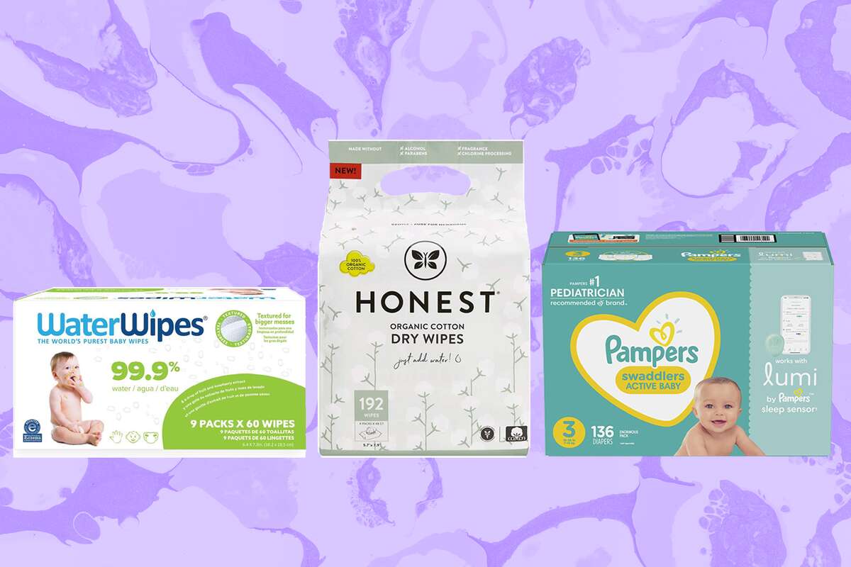 WaterWipes Original Baby Wipes ($34.99), Honest Organic Cotton Dry Wipes ($13.29), and Lumi by Pampers Smart Sleep System ($99.99)