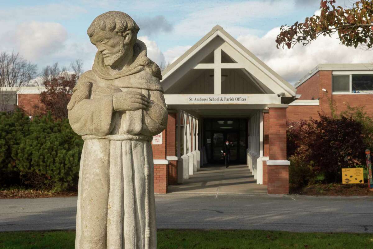 Exterior of St. Ambrose Church and School on Monday, Nov. 15, 2021 in Latham, N.Y. Catholic Central High School will merge with St. Ambrose School to form a new regional school for pre-kindergarten through 12th grade in Latham.