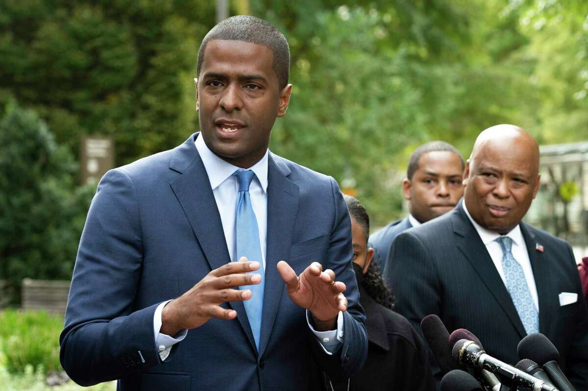 Bakari Sellers speaks with reporters outside the Justice Department, in Washington, Thursday, Oct. 28, 2021.