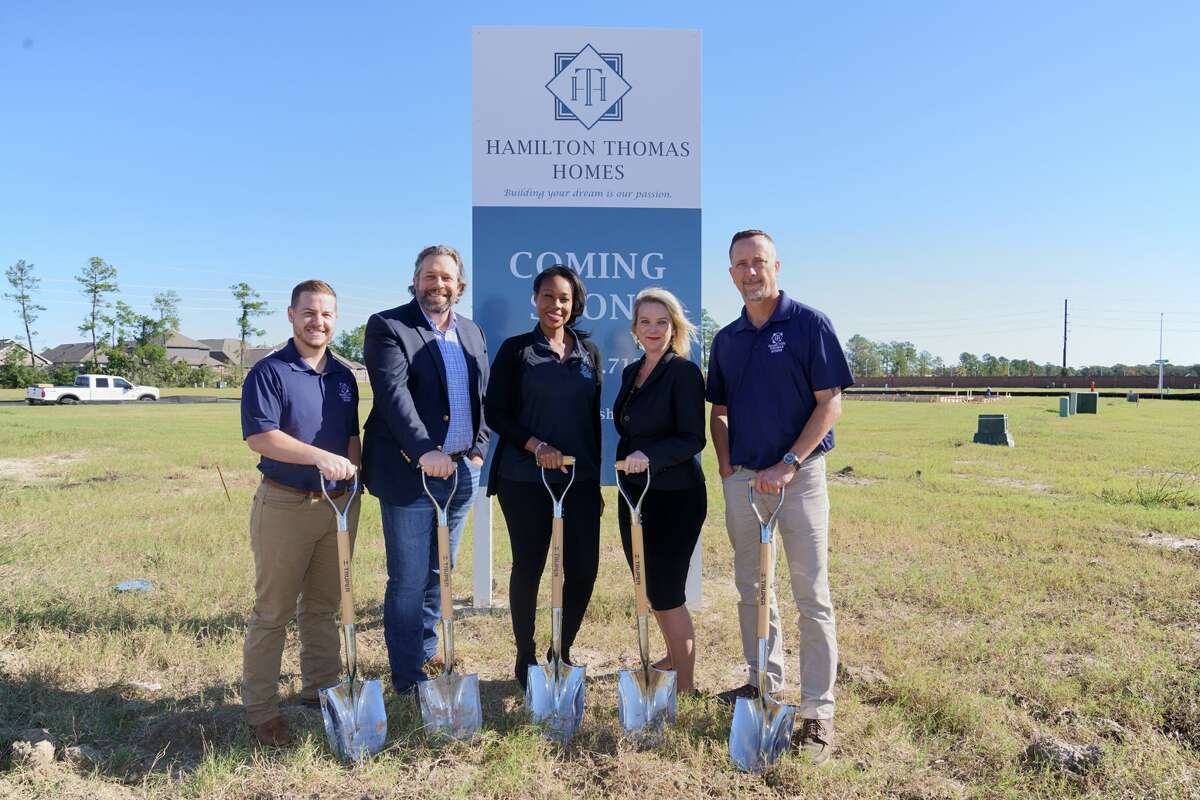 Hamilton Thomas Homes broke ground on a home in Balmoral in Humble. From left, Hamilton Thomas Homes Superintendent Collin Campbell, Vice President of Operations Davin Toruta, Director of Finance Chynelle Munnilal, President and Chief Operating Officer Jennifer Keller and Senior Superintendent Jason Spets.