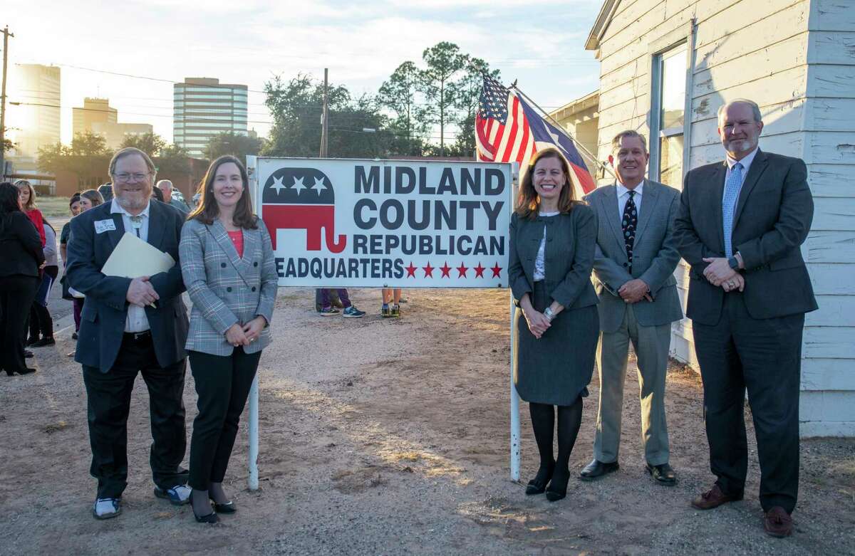 From left: Midland County Judges Jeff Robnett, Leah Robertson, Elizabeth Byer Leonard, David Lindemood and Marvin Moore filed for re-election Monday, Nov. 15, 2021 at the Midland County Republican Party. Jacy Lewis/Reporter-Telegram