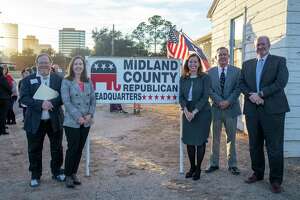 From left: Midland County Judges Jeff Robnett, Leah Robertson, Elizabeth Byer Leonard, David Lindemood and Marvin Moore filed for re-election Monday, Nov. 15, 2021 at the Midland County Republican Party.   Jacy Lewis/Reporter-Telegram