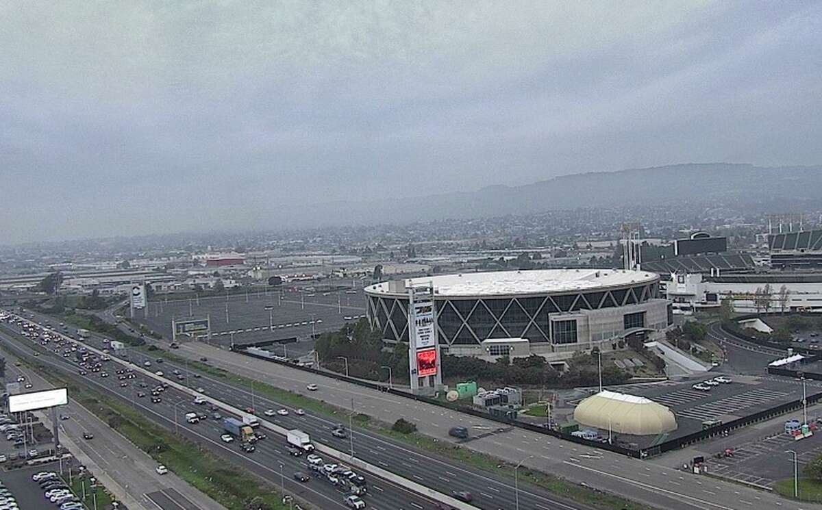 Skies are gloomy over Oakland on Monday, in this view from a remote camera from the Alert Wildfire network.
