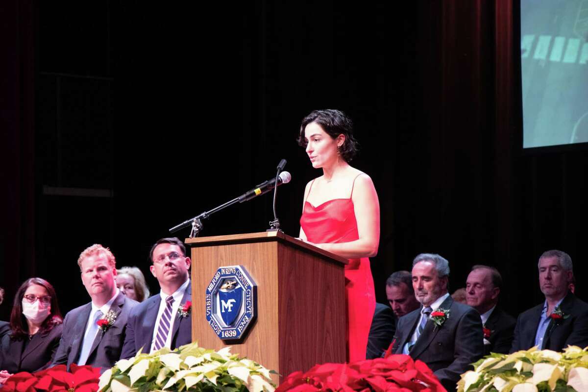 Genevieve Jaser recited a poem during the City of Milford Inauguration of Elected City Officials.