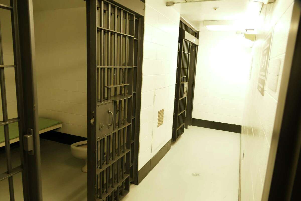 Two of the four holding cells located on the main floor of the Wilton Police Department.