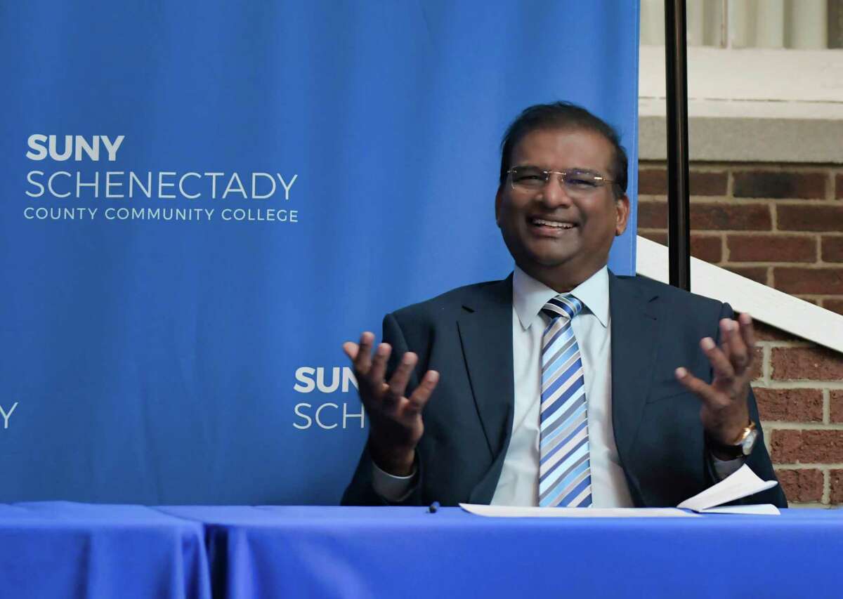 Paul Dhinakaran, chancellor of Karunya Institute of Technology and Sciences in India, speaks at an event at SUNY Schenectady on Tuesday, Nov. 16, 2021, in Schenectady, N.Y. Dhinakaran signed a Memorandum of Understanding with Steady Moono, president of SUNY Schenectady, to develop academic and educational cooperation between them.