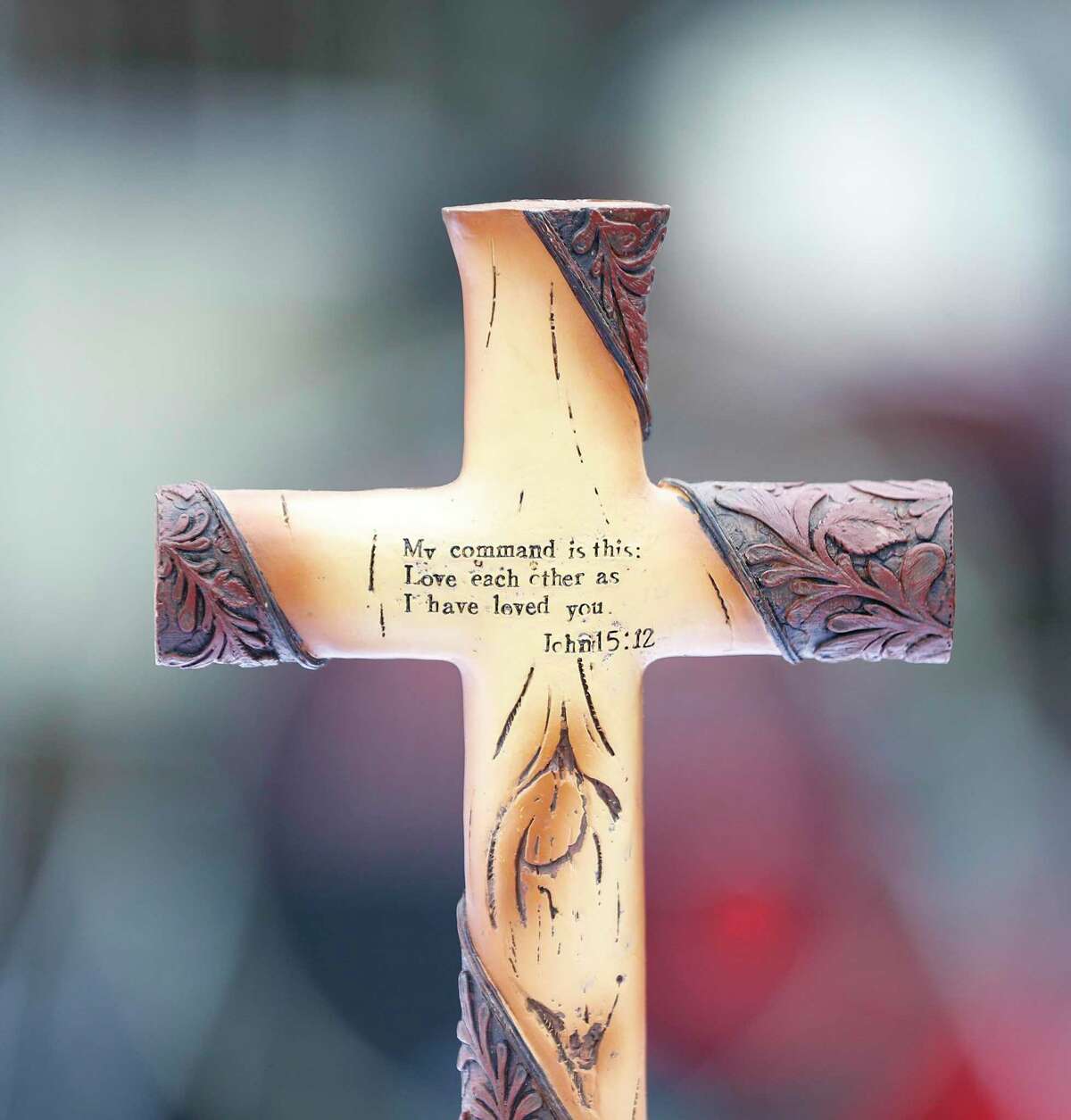 A cross on the makeshift alter before Pastor Steffon Arrington conducted Palm Sunday services to worshipers, who sat in their cars, in the parking lot of Spring Woods United Methodist Church, in Houston,Sunday, April 5, 2020. Communion was offered during the service, but with individual, pre-packaged wafers and juice.