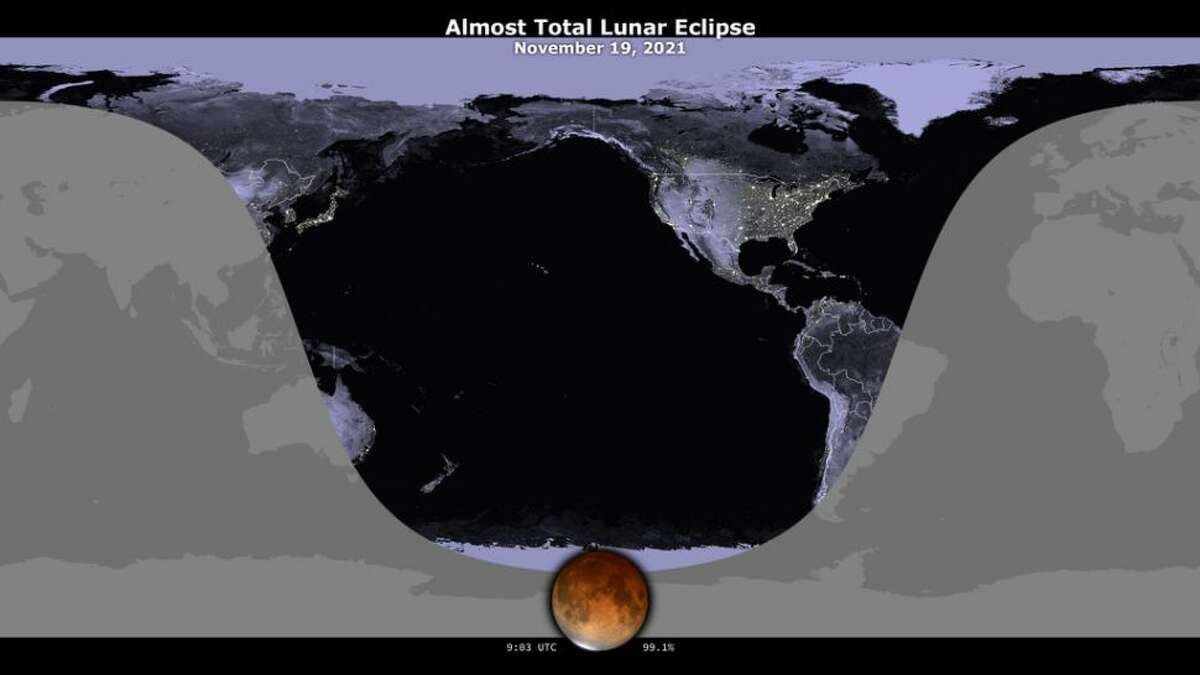 A map showing the visibility of the partial lunar eclipse from November 18-19, 2021.