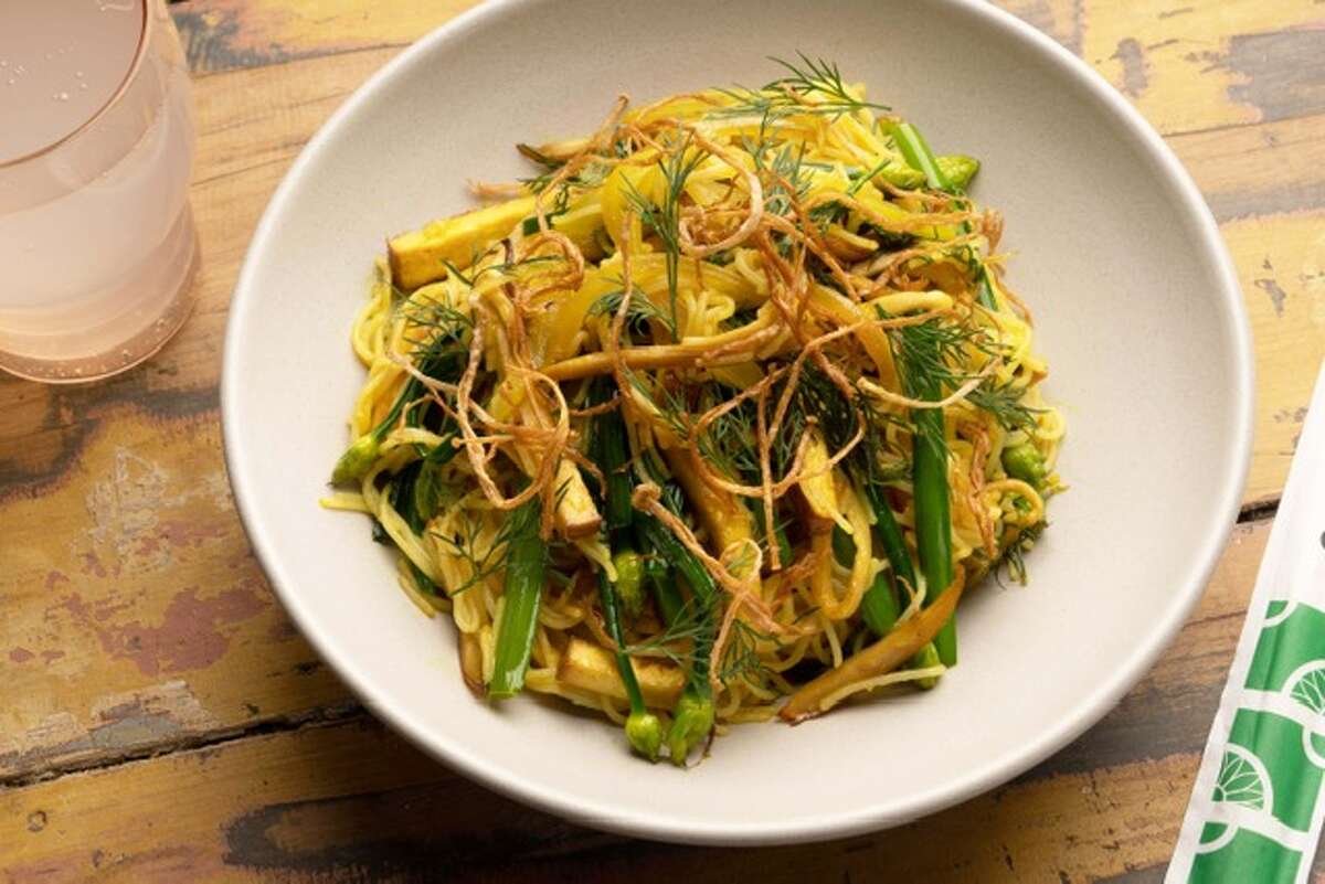 The menu at Morningbird utilizes locally sourced foods from farms like Lover’s Leap and trout from Hudson Valley Fishery in dishes that draw upon Thai influences like a Hudson Valley Trout Larb or these Stir-Fried Turmeric Rice Noodles. 