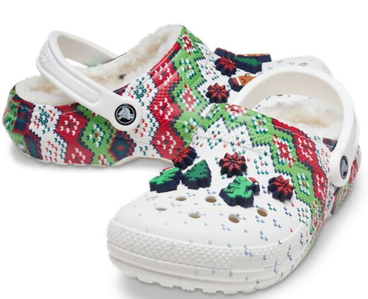 Ugly Christmas sweater footwear completes holiday look.