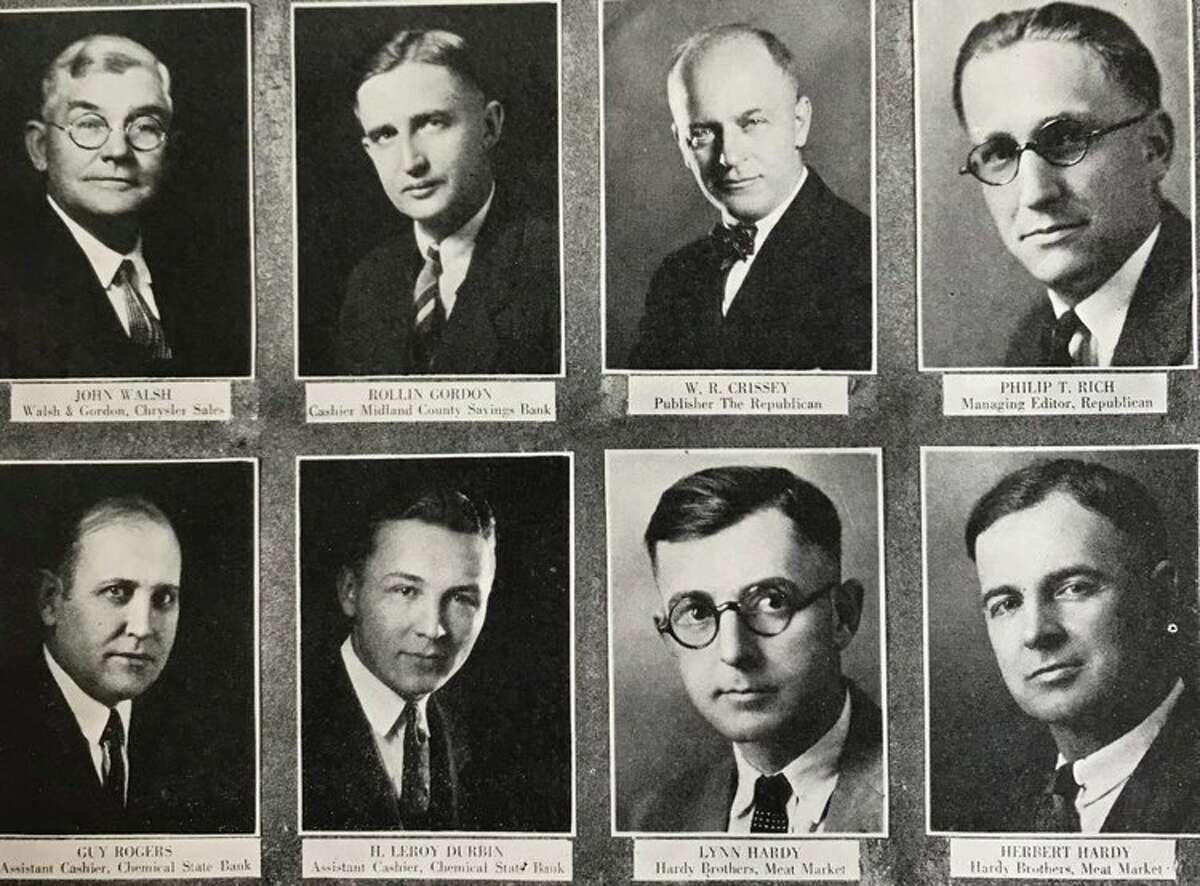 Top row, from left, John Walsh, Walsh & Gordon, Chrysler sales; Rollin Gordon, cashier, Midland County Savings Bank; W. R. Crissey, publisher, The Republican (forerunner of Midland Daily News); Philip T. Rich, managing editor, The Republican (forerunner of Midland Daily News).Bottom row, from left, Guy Rogers, assistant cashier, Chemical State Bank; H. Leroy Durbin, assistant cashier, Chemical State Bank; Lynn Hardy, Hardy Brothers meat market; Herbert Hardy, Hardy Brothers meat marker.