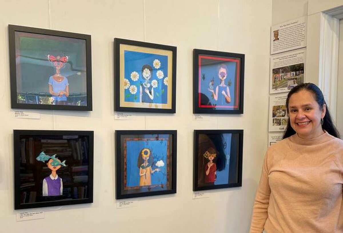 Leonor Dao Turut, November’s artist at the Westport Book Shop, is shown with her work done during Covid isolation.
