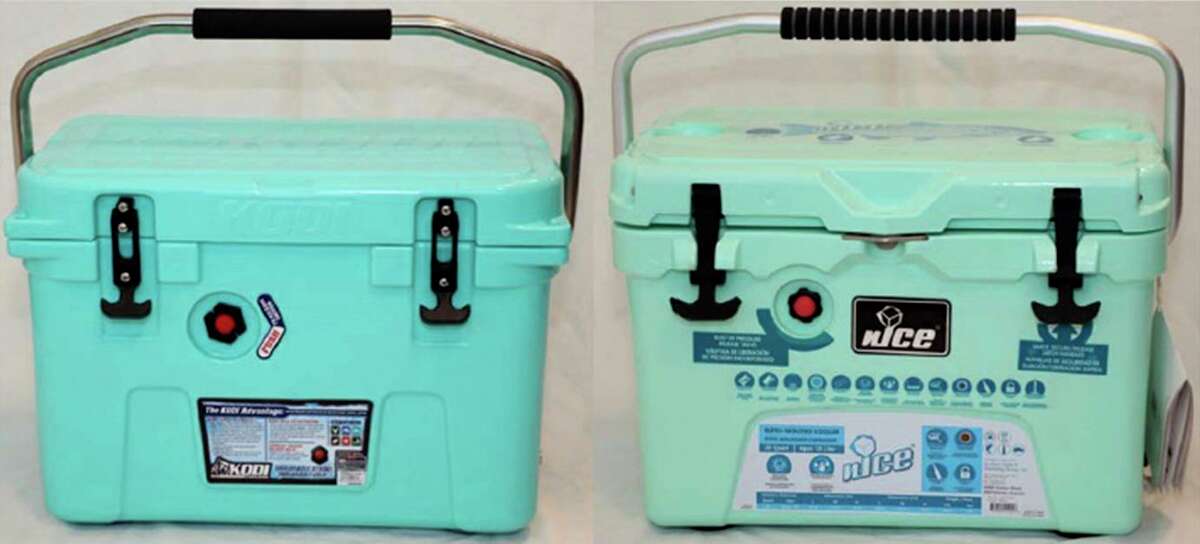 A court document shows H-E-B’s 20-quart Kodi cooler, left, next to Wadley Holdings’ G2 20-quart cooler. The two recently settled a patent-infringement lawsuit brought by H-E-B last year.