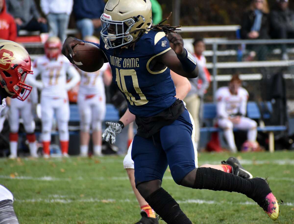 Notre Dame-Fairfield's Jailon Denny makes a move with the ball during a football game between Notre Dame-Fairfield and Stratford at McCarty Stadium, Fairfield on Saturday, Nov. 13, 2021.