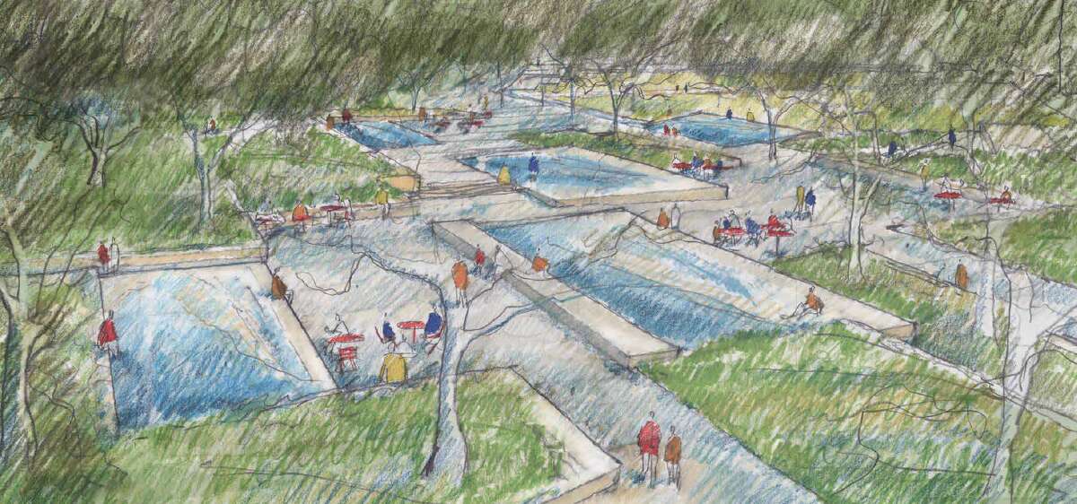 This concept of "the Shallows" shows water features interwoven throughout the green space at the future Civic Park.