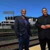 From left to right: African American Sports & Entertainment Group (AASEG) partners Alan Dones (NAME CQ'D) and Ray Bobbitt pose for a portrait near the Oakland Coliseum on Thursday, August 26, 2021, in Oakland, Calif. They are the frontrunners in the bidding process for Oakland's share of the Coliseum site and the city council has directed the city to prioritize negotiations with them.