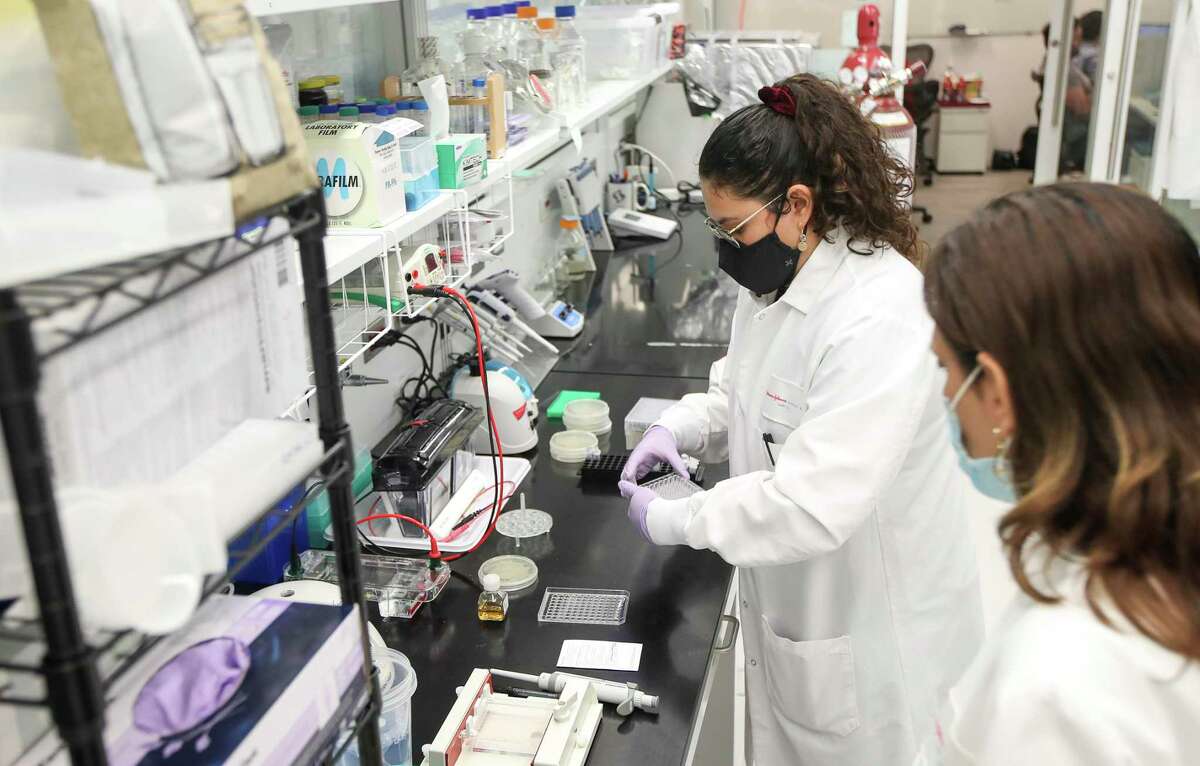 Marissa Lopez, a research assistant with Cemvita Factory, left, and Tara Karimi, the company's founder, prepare cells Thursday, May 6, 2021, at their lab in the Texas Medical Center in Houston. The leaders of Cemvita said they had to raise much of their own money due to limited venture capital opportunities in Houston. On Wednesday, LiveOak Venture Partners said they had raised $210 million to invest in Texas-based start-ups.