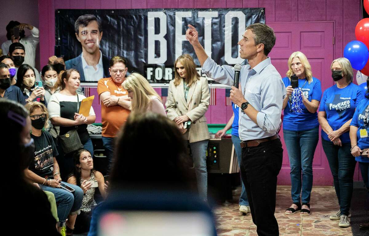 Texas Governor candidate Beto O'Rourke speaks to Webb County residents, Tuesday, Nov. 16, 2021, as he arrives at Jett Bowl North during a campaign stop in Laredo, Texas.