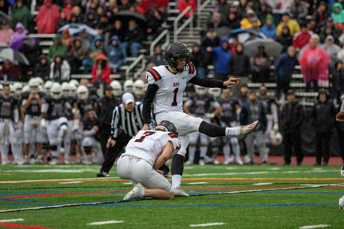 RPI's Trevor Bisson, shown earlier in the game, kicked a 36-yard field goal with no time left to beat Union on Nov. 13, 2021 (Perry Laskaris)