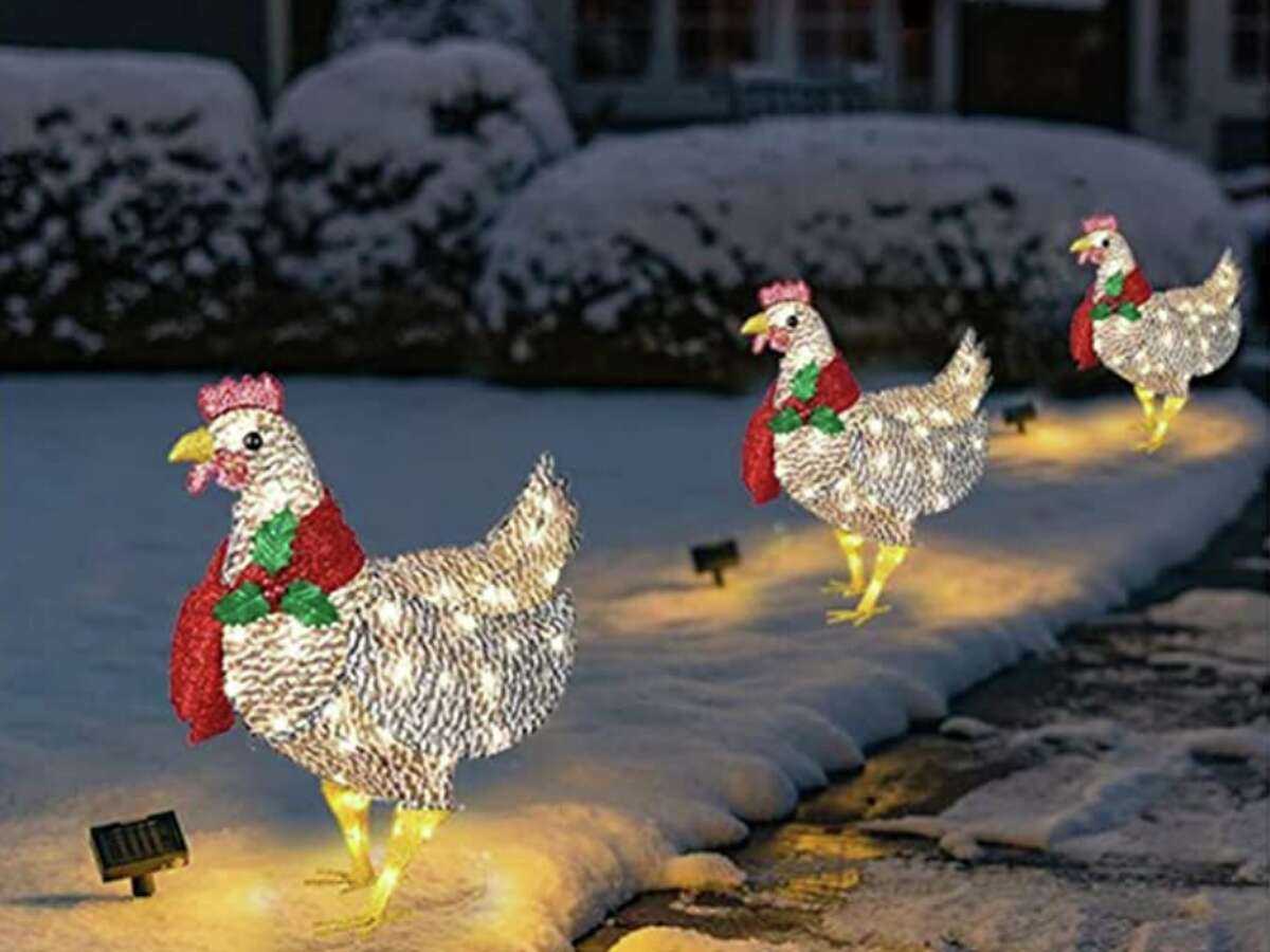 Whether you live on a farm or just want to add some animals to your setup, these Christmas chickens are a unique piece to put on your front lawn decorations. 