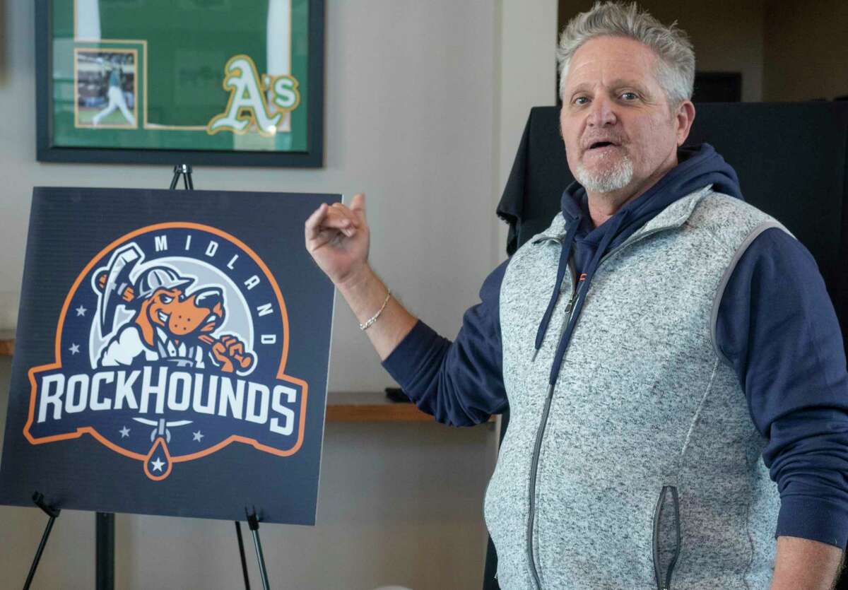Ray Fieldhouse, assistant general manager of the Midland RockHounds, talks about the new updated RockHounds logo 11/17/2021 during a press conference at Momentum Bank Ballpark. Tim Fischer/Reporter-Telegram