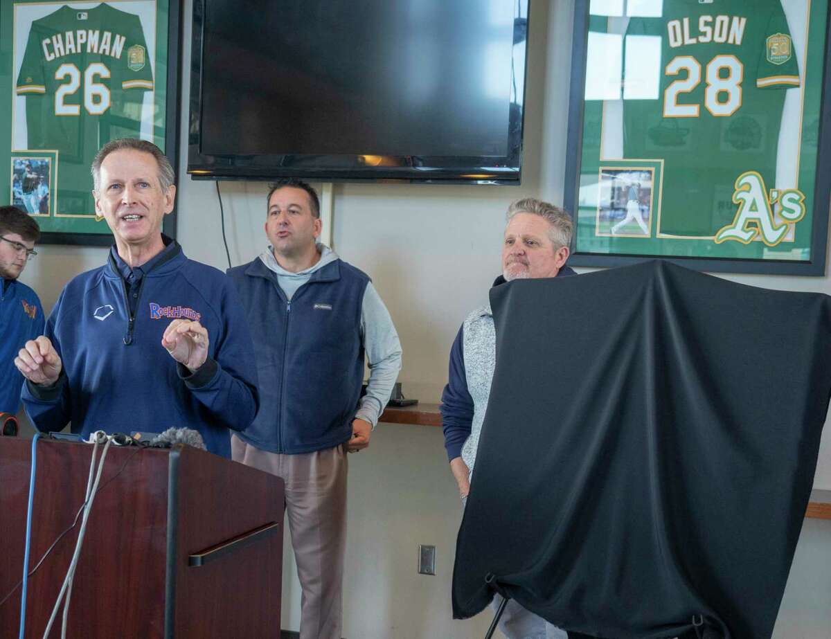 Bob Hards, voice of the Midland RockHounds, talks about the new updated RockHounds logo 11/17/2021 during a press conference at Momentum Bank Ballpark. Tim Fischer/Reporter-Telegram