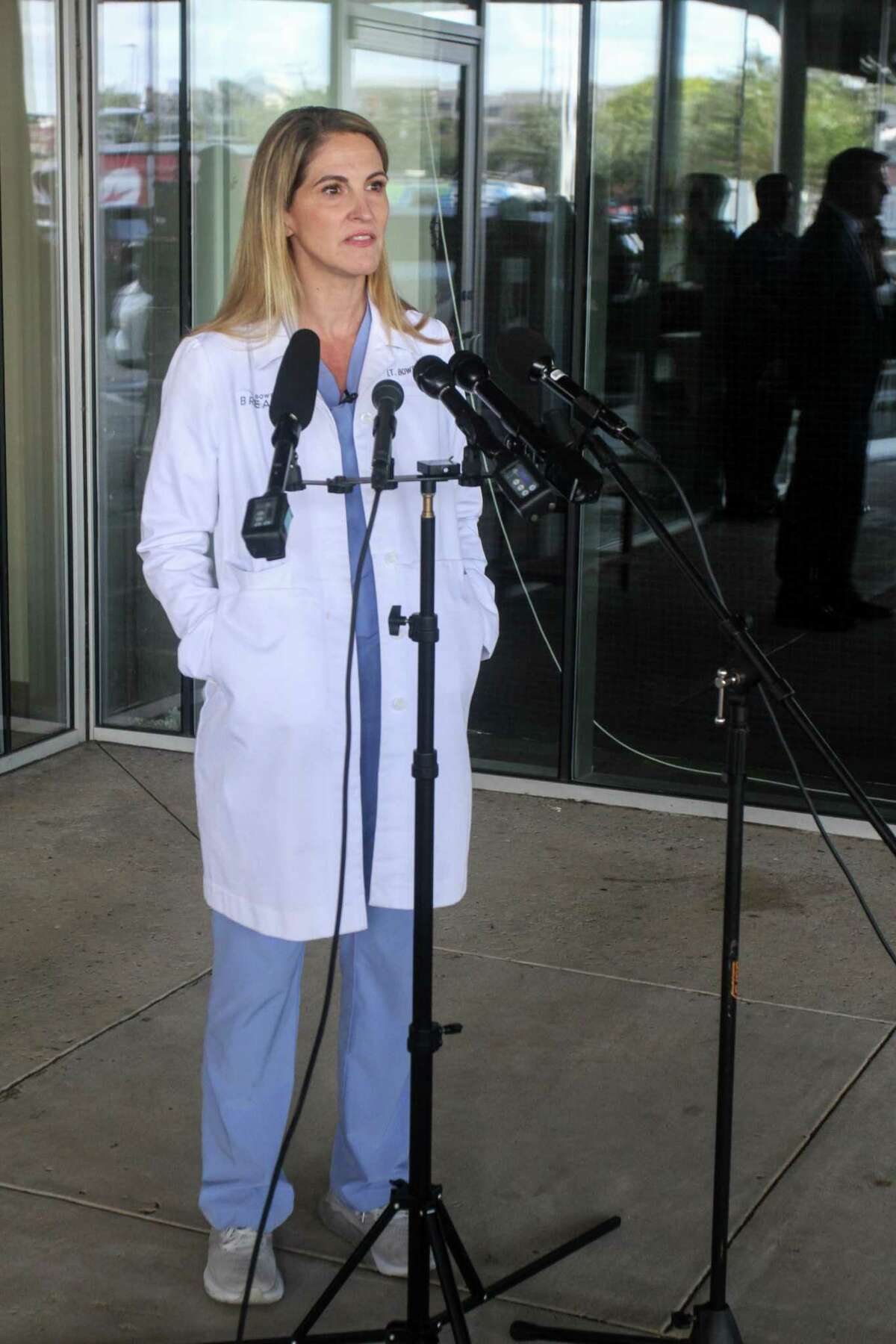 Dr. Mary Bowden, whose hospital privileges were suspended from Houston Methodist earlier this week for spreading COVID misinformation on social media, during a press conference at her office in Houston.