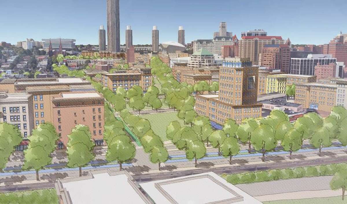 The Albany Riverfront Collaborative plan would remove the South Mall Arterial, replacing the elevated roadway to Empire State Plaza with a boulevard.