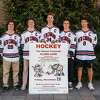 The Friends of New Canaan Hockey are hosting the forty-first annual Boys Hockey Alumni Game at 5 p.m. at the Darien Ice House on Friday, Nov. 26, which is the day after the Thanksgiving Day holiday, Nov. 25, and Black Friday for retail shopping for the holidays. Captains Beau Johnson, Byrne Matthews, Michael Rayher, Carter Spain, and Cam Wietfeldt, along with the current New Canaan High School boys ice hockey team players will challenge the Rams’ past stars during the game. The captains are shown.
