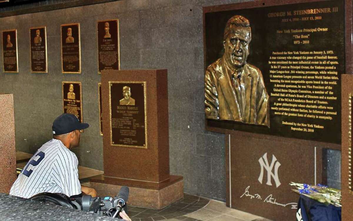 NEW YORK - SEPTEMBER 20: Mariano Rivera #42 of the New York Yankees looks over the newly unveiled monument to the late owner George Steinbrenner prior to the game against the Tampa Bay Rays on September 20, 2010 at Yankee Stadium in the Bronx borough of New York City. (Photo by Jim McIsaac/Getty Images) *** Local Caption *** Mariano Rivera
