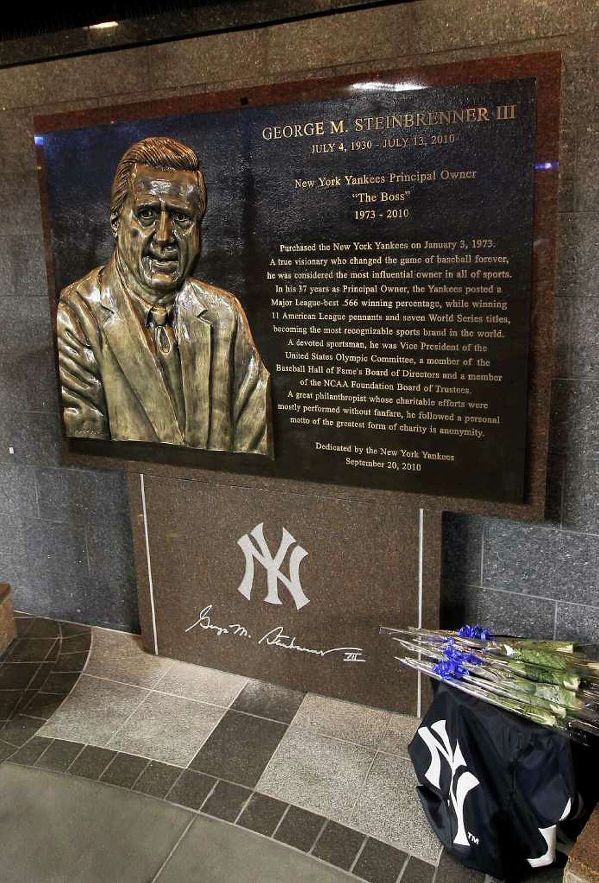 NEW YORK - SEPTEMBER 20: The monument to the late New York Yankees owner George Steinbrenner is seen prior to game against the Tampa Bay Rays on September 20, 2010 at Yankee Stadium in the Bronx borough of New York City. (Photo by Jim McIsaac/Getty Images)