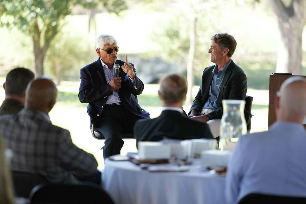Lee Treveno is interviewed by Kevin Robbins at the Valero Texas Open 100th Anniversary event at Brackenridge Park Golf Course on Thursday.