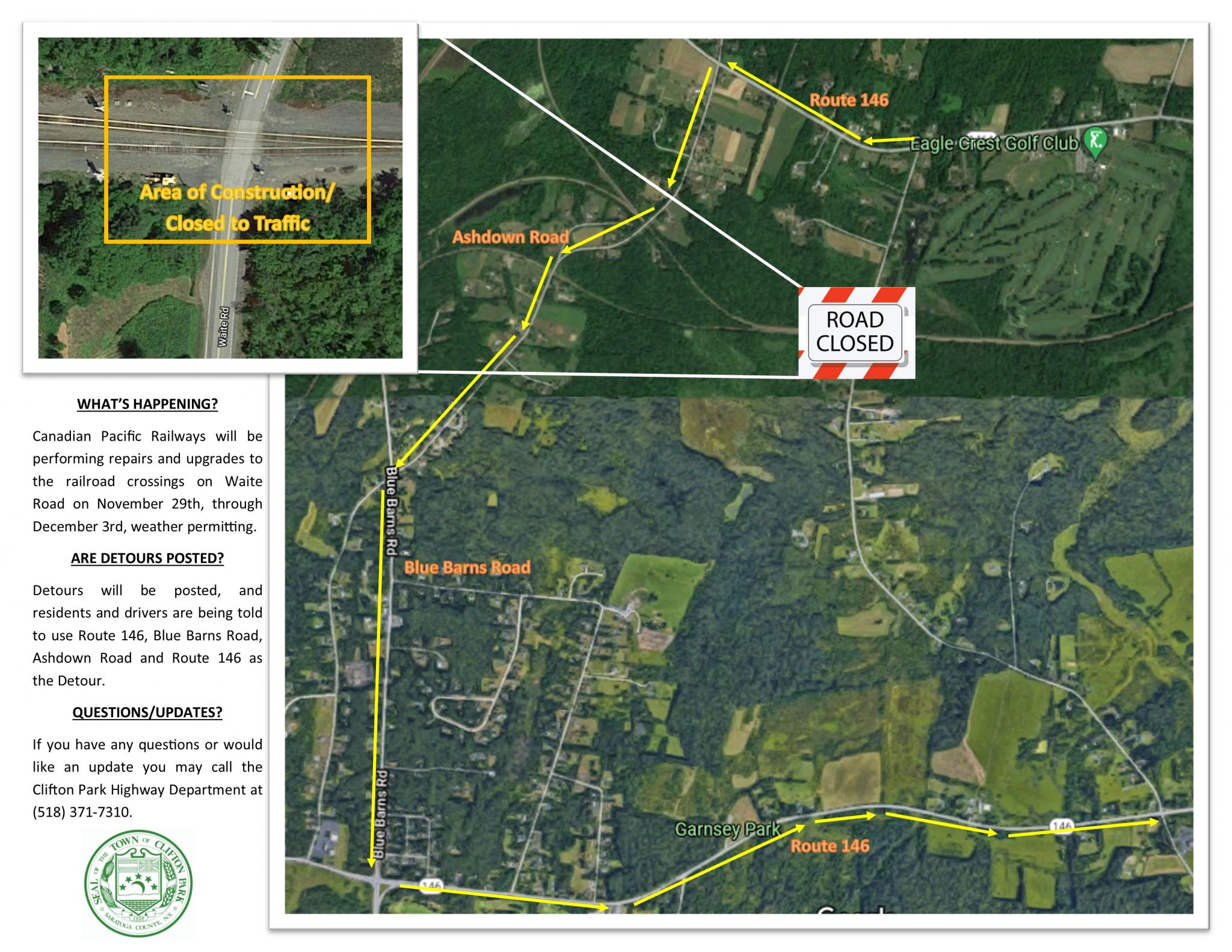 Waite Road work in Clifton Park means detours