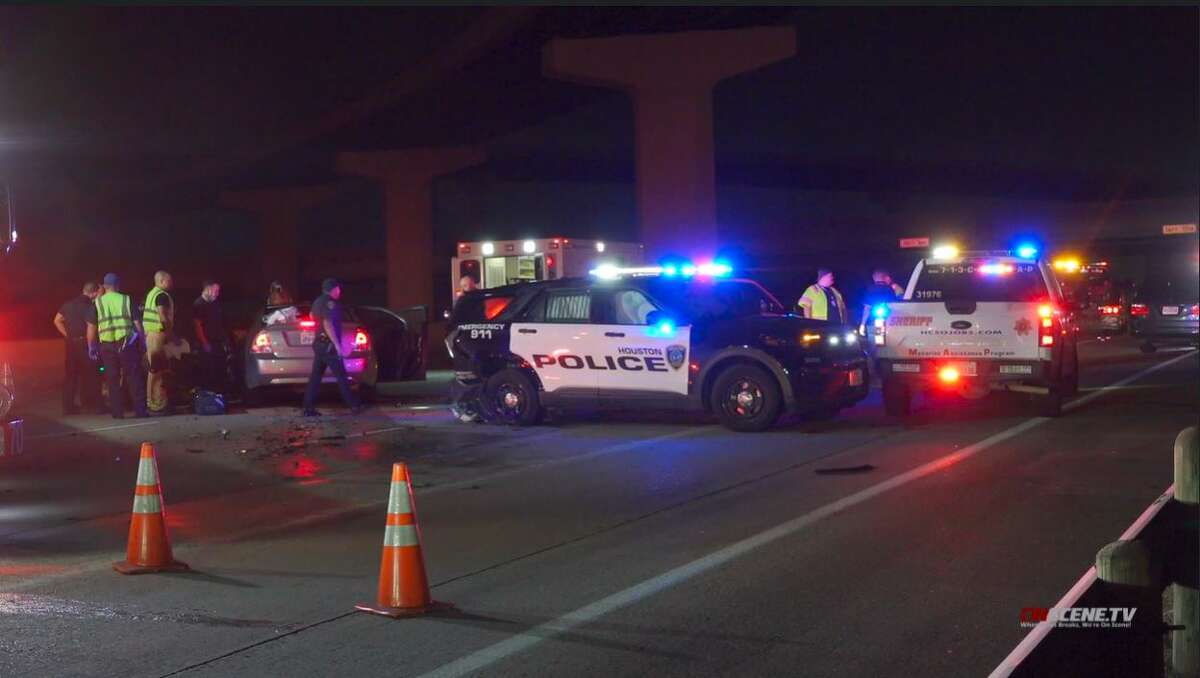 A vehicle struck a Houston Police department cruiser, which then hit other law enforcement vehicles, early Thursday in southeast Houston.