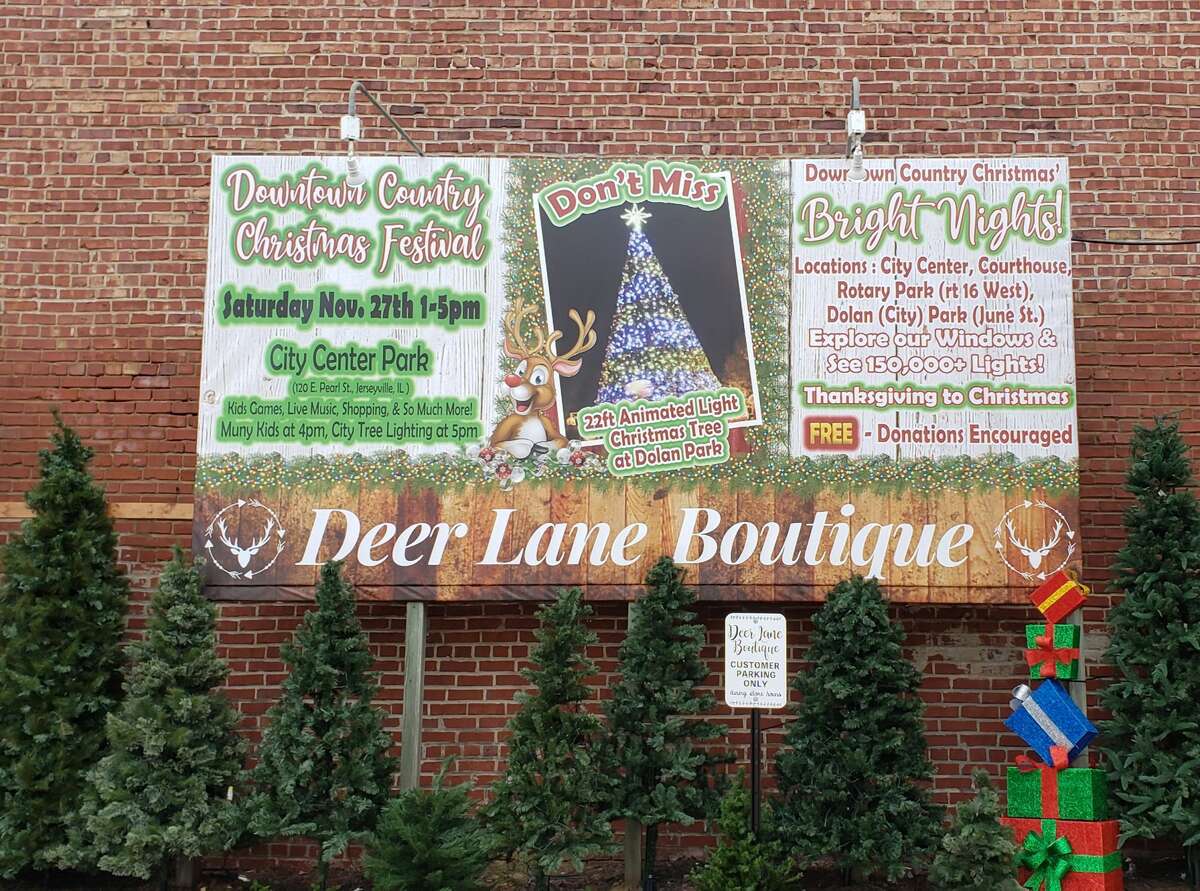 A outside Deer Lane Boutique, 221 South State St., Jerseyville, serves also as a sign of a shared community spirit throughout the holiday season. Highlighting the annual Downtown Country Christmas Festival and the arrival of its annual Small Business Saturday activities, the Festival and Bright Lights celebrations further help carry forward a message of ‘shop local’ as being part of a vital and unified community sentiment. 