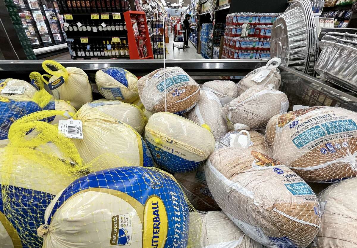 Turkeys are displayed for sale in a grocery store ahead of the Thanksgiving holiday Nov. 11 in Los Angeles, California.