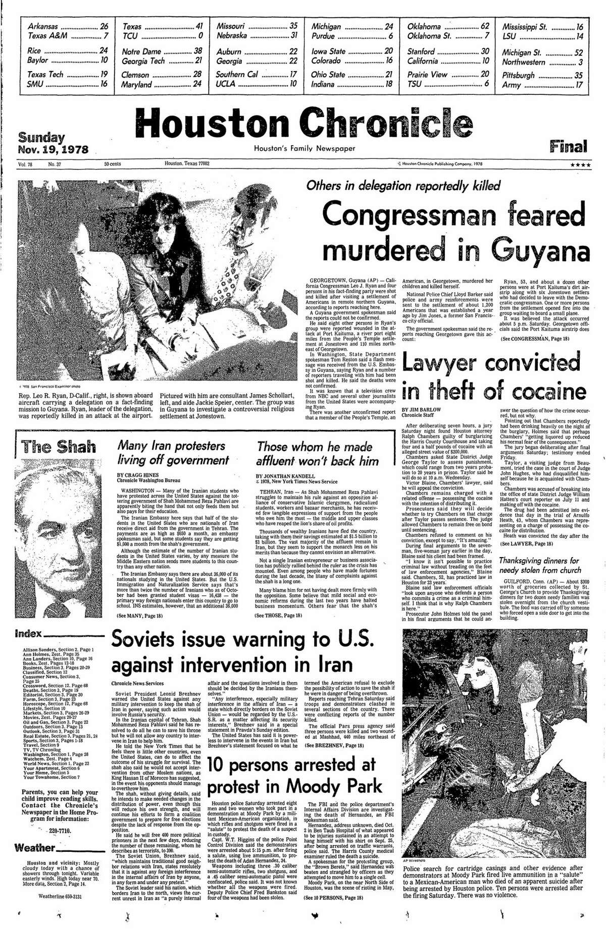 Houston Chronicle front page from Nov. 19, 1978.