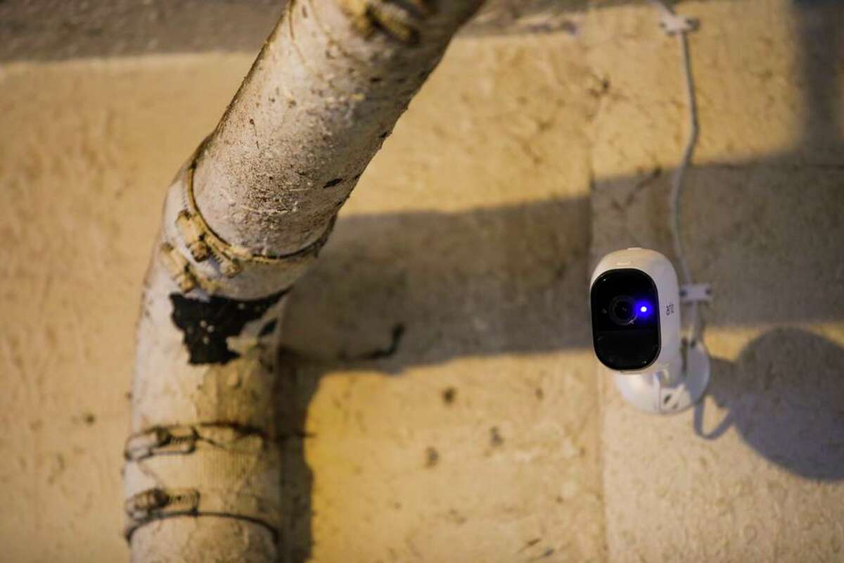 A security camera hangs outside of Jenna Smith’s apartment building in San Francisco.